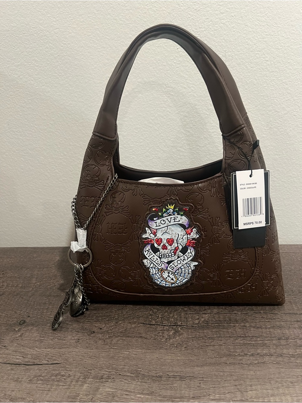 Chocolate Brown Embossed Shoulder Bag with Skull Patch by Ed Hardy